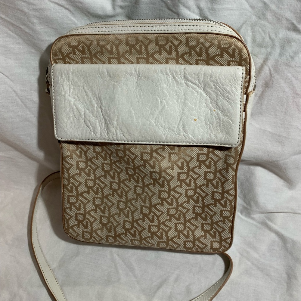 DKNY White and Brown Patterned Crossbody Bag